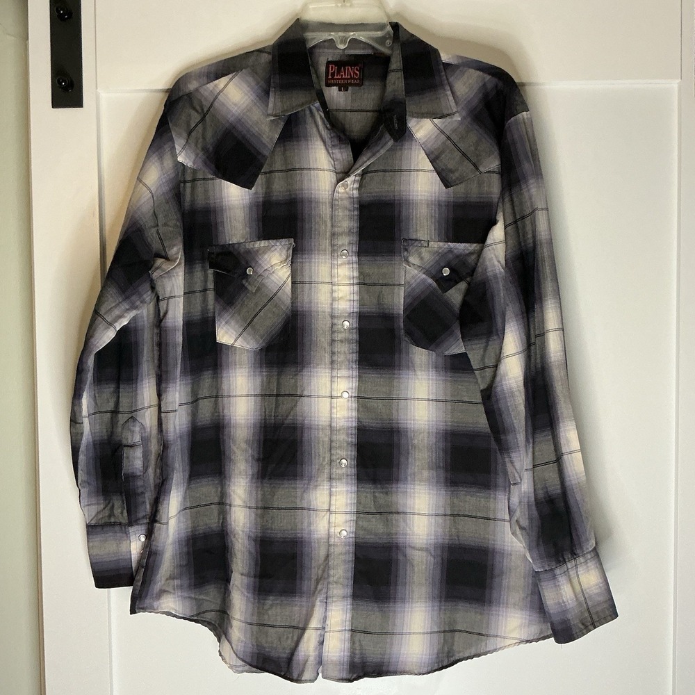 Plains Shirt Mens Large Blue Plaid Check‎ Long Sleeve Western Cowboy Pearl Snap